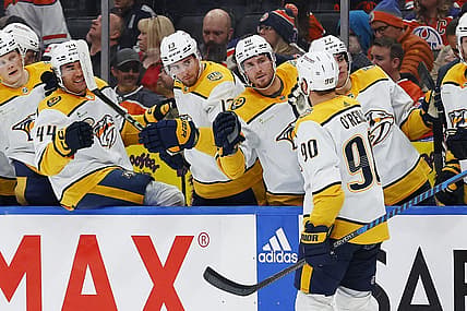 Nov 4, 2023; Edmonton, Alberta, CAN; The Nashville Predators celebrate a goal scored by  forward Ryan O'Reilly (90) against the Edmonton Oilers at Rogers Place. Mandatory Credit: Perry Nelson-USA TODAY Sports