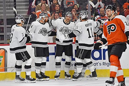 Nov 4, 2023; Philadelphia, Pennsylvania, USA; Los Angeles Kings center Adrian Kempe (9) celebrates his goal with teammates against the Philadelphia Flyers during the first period at Wells Fargo Center. Mandatory Credit: Eric Hartline-USA TODAY Sports