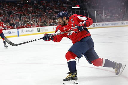 Nov 4, 2023; Washington, District of Columbia, USA; Washington Capitals left wing Alex Ovechkin (8) shoots the puck against the Columbus Blue Jackets in the third period at Capital One Arena. Mandatory Credit: Geoff Burke-USA TODAY Sports