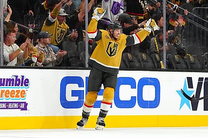 Nov 4, 2023; Las Vegas, Nevada, USA; Vegas Golden Knights defenseman Brayden McNabb (3) celebrates after getting an assist on a goal by Vegas Golden Knights right wing Mark Stone (61) scored against the Colorado Avalanche during the first period at T-Mobile Arena. Mandatory Credit: Stephen R. Sylvanie-USA TODAY Sports