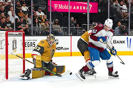 Nov 4, 2023; Las Vegas, Nevada, USA; Vegas Golden Knights goaltender Adin Hill (33) makes a save as Colorado Avalanche left wing Artturi Lehkonen (62) looks for a deflection during the first period at T-Mobile Arena. Mandatory Credit: Stephen R. Sylvanie-USA TODAY Sports