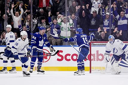 Nov 6, 2023; Toronto, Ontario, CAN; Toronto Maple Leafs defenseman Morgan Rielly (44) reacts to the winning goal by forward Calle Jarnkrok (19) against the Tampa Bay Lightning goaltender Jonas Johansson (31) during overtime at Scotiabank Arena. Mandatory Credit: John E. Sokolowski-USA TODAY Sports