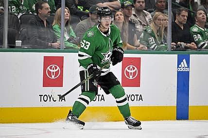 Nov 6, 2023; Dallas, Texas, USA; Dallas Stars center Wyatt Johnston (53) looks for the puck in the Boston Bruins zone during the third period at the American Airlines Center. Mandatory Credit: Jerome Miron-USA TODAY Sports