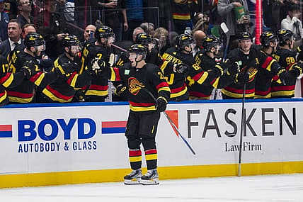 Nov 6, 2023; Vancouver, British Columbia, CAN; Vancouver Canucks forward Nils Hoglander (21) celebrates his goal against the Edmonton Oilers in the second period at Rogers Arena. Mandatory Credit: Bob Frid-USA TODAY Sports