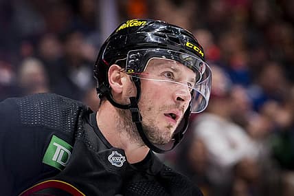 Nov 6, 2023; Vancouver, British Columbia, CAN; Vancouver Canucks forward J.T. Miller (9) looks on against the Edmonton Oilers in the third period at Rogers Arena. Vancouver won 6-2. Mandatory Credit: Bob Frid-USA TODAY Sports