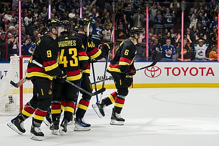 Nov 6, 2023; Vancouver, British Columbia, CAN; Vancouver Canucks forward J.T. Miller (9), defenseman Quinn Hughes (43), forward Elias Pettersson (40) and forward Brock Boeser (6) celebrate Boeser   s goal against the Edmonton Oilers in the first period at Rogers Arena. Mandatory Credit: Bob Frid-USA TODAY Sports