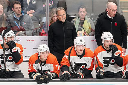 Nov 7, 2023; San Jose, California, USA; Philadelphia Flyers head coach John Tortorella watches the play against the San Jose Sharks from the bench during the third period at SAP Center at San Jose. Mandatory Credit: Robert Edwards-USA TODAY Sports