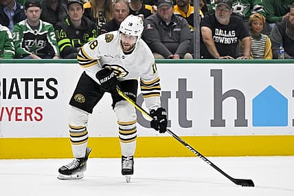 Nov 6, 2023; Dallas, Texas, USA; Boston Bruins center Pavel Zacha (18) in action during the game between the Dallas Stars and the Boston Bruins at the American Airlines Center. Mandatory Credit: Jerome Miron-USA TODAY Sports