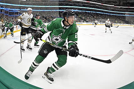 Nov 6, 2023; Dallas, Texas, USA; Dallas Stars left wing Jason Robertson (21) in action during the game between the Dallas Stars and the Boston Bruins at the American Airlines Center. Mandatory Credit: Jerome Miron-USA TODAY Sports