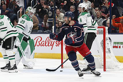 Nov 9, 2023; Columbus, Ohio, USA; Columbus Blue Jackets center Boone Jenner (38) celebrates his goal against the Dallas Stars during the first period at Nationwide Arena. Mandatory Credit: Russell LaBounty-USA TODAY Sports