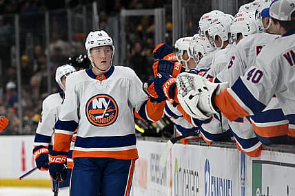 Nov 9, 2023; Boston, Massachusetts, USA; New York Islanders right wing Simon Holmstrom (10) celebrates with his teammates after scoring a goal against the Boston Bruins during the third period at the TD Garden. Mandatory Credit: Brian Fluharty-USA TODAY Sports