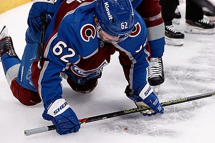 Nov 9, 2023; Denver, Colorado, USA; Colorado Avalanche left wing Artturi Lehkonen (62) on the ice after a play in the second period against the Seattle Kraken at Ball Arena. Mandatory Credit: Isaiah J. Downing-USA TODAY Sports