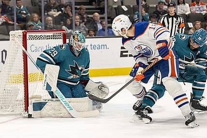 Nov 9, 2023; San Jose, California, USA; San Jose Sharks goaltender Mackenzie Blackwood (29) makes a save against the shot by Edmonton Oilers left wing Zach Hyman (18) during the first period at SAP Center at San Jose. Mandatory Credit: Neville E. Guard-USA TODAY Sports
