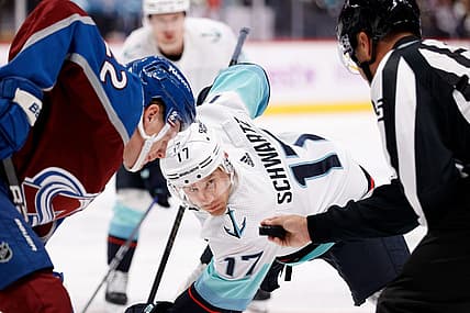 Nov 9, 2023; Denver, Colorado, USA; Seattle Kraken center Jaden Schwartz (17) waits for the puck to drop against Colorado Avalanche center Fredrik Olofsson (22) in the third period at Ball Arena. Mandatory Credit: Isaiah J. Downing-USA TODAY Sports