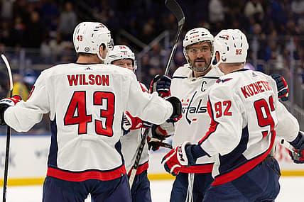 Nov 11, 2023; Elmont, New York, USA; Washington Capitals left wing Alex Ovechkin (8) celebrates his goal against the New York Islanders  during the first period at UBS Arena. Mandatory Credit: Thomas Salus-USA TODAY Sports