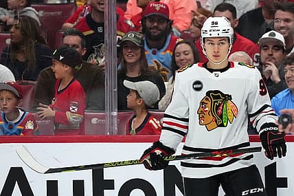 Nov 12, 2023; Sunrise, Florida, USA; Chicago Blackhawks center Connor Bedard (98) stands on the ice during the first period against the Florida Panthers at Amerant Bank Arena. Mandatory Credit: Jasen Vinlove-USA TODAY Sports