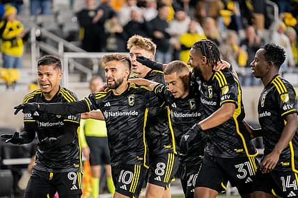 Nov 12, 2023; Columbus, Ohio, USA;
Columbus Crew celebrates after their fourth goal during their game against the Atlanta United in game three of their series on Sunday, Nov. 12, 2023 at Lower.com Field.