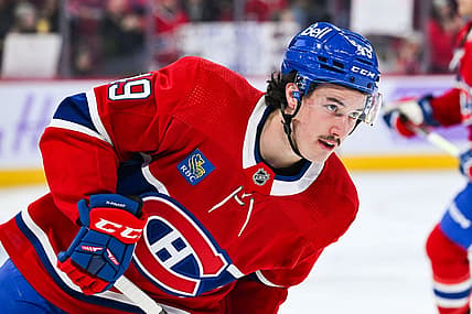 Nov 12, 2023; Montreal, Quebec, CAN; Montreal Canadiens left wing Rafael Harvey-Pinard (49) looks on during warm-up before the game against the Vancouver Canucks at Bell Centre. Mandatory Credit: David Kirouac-USA TODAY Sports