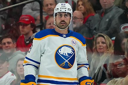 Nov 7, 2023; Raleigh, North Carolina, USA;  Buffalo Sabres right wing Alex Tuch (89) looks on against the Carolina Hurricanes during the third period at PNC Arena. Mandatory Credit: James Guillory-USA TODAY Sports