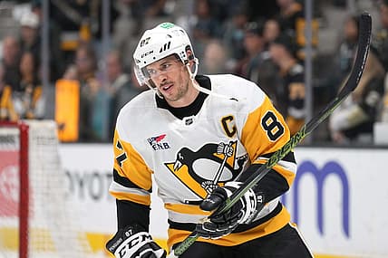 Nov 4, 2023; San Jose, California, USA; Pittsburgh Penguins center Sidney Crosby (87) warms up before the game against the San Jose Sharks at SAP Center at San Jose. Mandatory Credit: Darren Yamashita-USA TODAY Sports