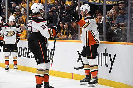 Nov 14, 2023; Nashville, Tennessee, USA; Anaheim Ducks defenseman Cam Fowler (4) celebrates after a goal during the second period against the Nashville Predators at Bridgestone Arena. Mandatory Credit: Christopher Hanewinckel-USA TODAY Sports