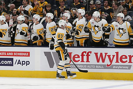 Nov 14, 2023; Columbus, Ohio, USA; Pittsburgh Penguins center Sidney Crosby (87) celebrates his goal against the Columbus Blue Jackets during the first period at Nationwide Arena. Mandatory Credit: Russell LaBounty-USA TODAY Sports