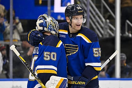 Nov 14, 2023; St. Louis, Missouri, USA;  St. Louis Blues goaltender Jordan Binnington (50) and defenseman Colton Parayko (55) celebrate after the Blues defeated the Tampa Bay Lightning at Enterprise Center. Mandatory Credit: Jeff Curry-USA TODAY Sports