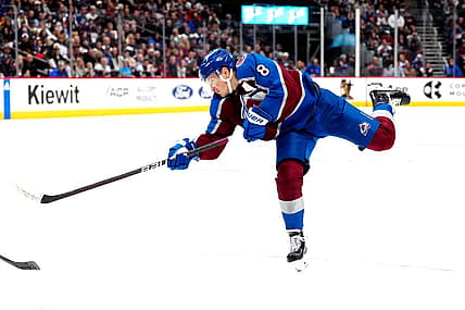 Nov 15, 2023; Denver, Colorado, USA; Colorado Avalanche defenseman Cale Makar (8) shoots the puck in the second period against the Anaheim Ducks at Ball Arena. Mandatory Credit: Ron Chenoy-USA TODAY Sports