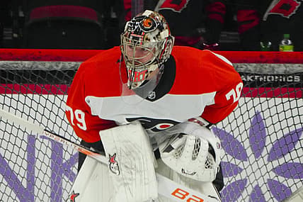 Nov 15, 2023; Raleigh, North Carolina, USA; Philadelphia Flyers goaltender Carter Hart (79) looks on before the game against the Carolina Hurricanes at PNC Arena. Mandatory Credit: James Guillory-USA TODAY Sports