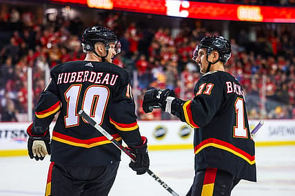 Nov 16, 2023; Calgary, Alberta, CAN; Calgary Flames center Jonathan Huberdeau (10) celebrates his goal with center Mikael Backlund (11) during the third period against the Vancouver Canucks at Scotiabank Saddledome. Mandatory Credit: Sergei Belski-USA TODAY Sports
