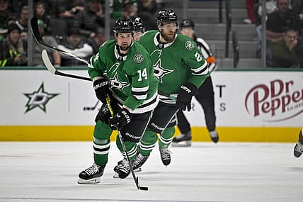 Nov 14, 2023; Dallas, Texas, USA; Dallas Stars left wing Jamie Benn (14) in action during the game between the Dallas Stars and the Arizona Coyotes at the American Airlines Center. Mandatory Credit: Jerome Miron-USA TODAY Sports