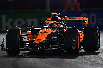 Nov 17, 2023; Las Vegas, Nevada, USA; McLaren F1 Team driver Lando Norris of Great Britain (4) during qualifying at Las Vegas Strip Circuit. Mandatory Credit: Gary A. Vasquez-USA TODAY Sports