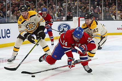 Nov 18, 2023; Boston, Massachusetts, USA; Montreal Canadiens center Nick Suzuki (14) has his hand lifted off his stick by Boston Bruins center Danton Heinen (43) during the first period at TD Garden. Mandatory Credit: Winslow Townson-USA TODAY Sports