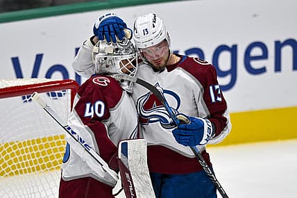 Nov 18, 2023; Dallas, Texas, USA; Colorado Avalanche right wing Valeri Nichushkin (13) and goaltender Alexandar Georgiev (40) celebrate after the Avalanche victory over the Dallas Stars at the American Airlines Center. Mandatory Credit: Jerome Miron-USA TODAY Sports