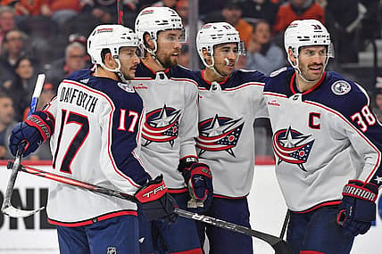 Nov 19, 2023; Philadelphia, Pennsylvania, USA; Columbus Blue Jackets defenseman Ivan Provorov (9) celebrates his goal with with teammates against the Philadelphia Flyers during the second period at Wells Fargo Center. Mandatory Credit: Eric Hartline-USA TODAY Sports