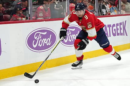 Nov 20, 2023; Sunrise, Florida, USA; Florida Panthers center Sam Bennett (9) chases a loose puck during the first period against the Edmonton Oilers at Amerant Bank Arena. Mandatory Credit: Jasen Vinlove-USA TODAY Sports