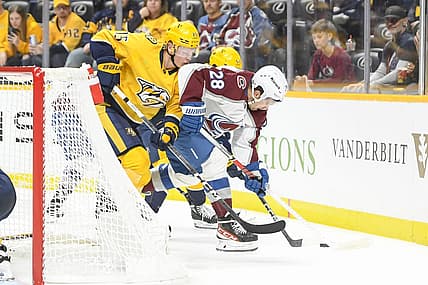 Nov 20, 2023; Nashville, Tennessee, USA;  Nashville Predators center Juuso Parssinen (75) and Colorado Avalanche left wing Miles Wood (28) fight for the puck during the second period at Bridgestone Arena. Mandatory Credit: Steve Roberts-USA TODAY Sports