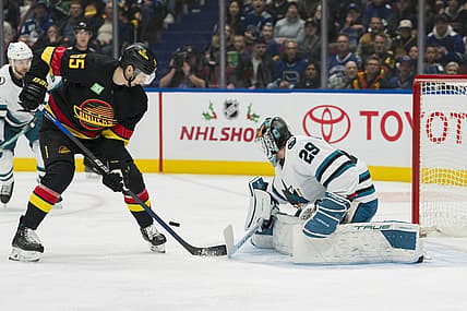 Nov 20, 2023; Vancouver, British Columbia, CAN; San Jose Sharks goalie Mackenzie Blackwood (29) makes a save on Vancouver Canucks forward Ilya Mikheyev (65) at Rogers Arena. Mandatory Credit: Bob Frid-USA TODAY Sports