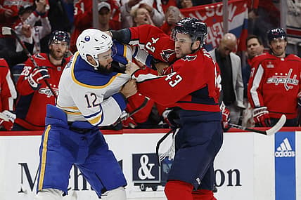 Nov 22, 2023; Washington, District of Columbia, USA; Washington Capitals right wing Tom Wilson (43) fights Buffalo Sabres left wing Jordan Greenway (12) in the first period at Capital One Arena. Mandatory Credit: Geoff Burke-USA TODAY Sports