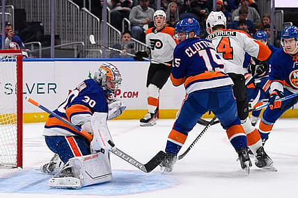 Nov 22, 2023; Elmont, New York, USA; New York Islanders goaltender Ilya Sorokin (30) makes a save against the Philadelphia Flyers during the first period at UBS Arena. Mandatory Credit: Dennis Schneidler-USA TODAY Sports