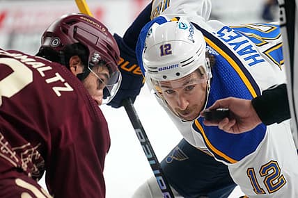 Nov 22, 2023; Tempe, Arizona, USA; St. Louis Blues right wing Kevin Hayes (12) lines up for a face off against Arizona Coyotes center Nick Schmaltz (8) during the second period at Mullett Arena. Mandatory Credit: Joe Camporeale-USA TODAY Sports