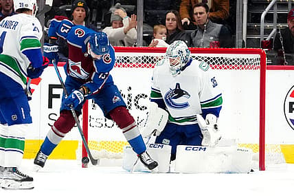 Nov 22, 2023; Denver, Colorado, USA; Colorado Avalanche right wing Valeri Nichushkin (13) shoots the puck at Vancouver Canucks goaltender Thatcher Demko (35) in the first period at Ball Arena. Mandatory Credit: Ron Chenoy-USA TODAY Sports