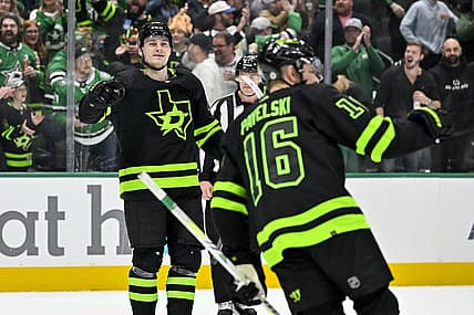 Nov 22, 2023; Dallas, Texas, USA; Dallas Stars center Roope Hintz (24) and center Joe Pavelski (16) celebrates after Hintz scores a goal against the Vegas Golden Knights during the second period at the American Airlines Center. Mandatory Credit: Jerome Miron-USA TODAY Sports