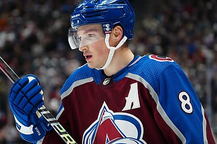 Nov 22, 2023; Denver, Colorado, USA; Colorado Avalanche defenseman Cale Makar (8) during the second period against the Vancouver Canucks at Ball Arena. Mandatory Credit: Ron Chenoy-USA TODAY Sports