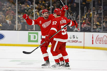 Nov 24, 2023; Boston, Massachusetts, USA; Detroit Red Wings center Dylan Larkin (71) celebrates with left wing David Perron (57) after Peron s goal against the Boston Bruins during the third period at TD Garden. Mandatory Credit: Winslow Townson-USA TODAY Sports