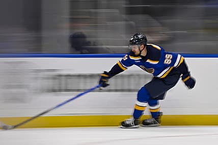 Nov 24, 2023; St. Louis, Missouri, USA;  St. Louis Blues left wing Pavel Buchnevich (89) controls the puck against the Nashville Predators during the third period at Enterprise Center. Mandatory Credit: Jeff Curry-USA TODAY Sports