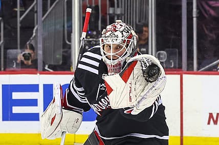 Nov 24, 2023; Newark, New Jersey, USA; New Jersey Devils goaltender Akira Schmid (40) makes a save against the Columbus Blue Jackets during the third period at Prudential Center. Mandatory Credit: Ed Mulholland-USA TODAY Sports