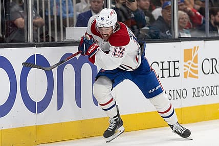 Nov 24, 2023; San Jose, California, USA; Montreal Canadiens center Alex Newhook (15) chases after the puck during the third period against the San Jose Sharks at SAP Center at San Jose. Mandatory Credit: Stan Szeto-USA TODAY Sports