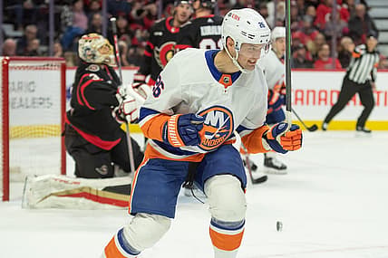 Nov 24, 2023; Ottawa, Ontario, CAN; New York Islanders right wing Oliver Wahlstrom (26) celebrates his goal scored in the second period against the Ottawa Senators at the Canadian Tire Centre. Mandatory Credit: Marc DesRosiers-USA TODAY Sports