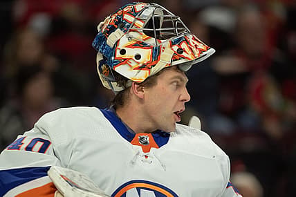 Nov 24 2023; Ottawa, Ontario, CAN; New York Islanders goalie Semyon Varlamov (40) calls out during the first period against the Ottawa Senators at the Canadian Tire Centre. Mandatory Credit: Marc DesRosiers-USA TODAY Sports